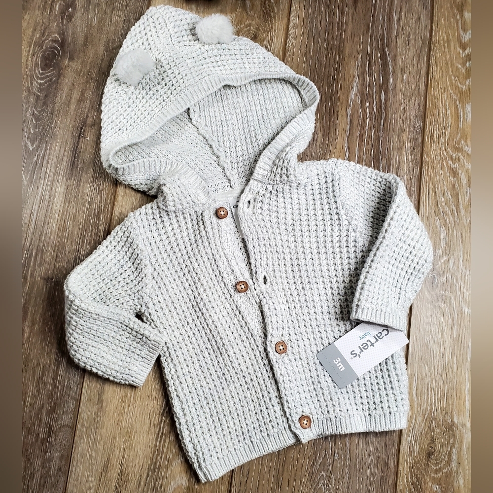 Carter's gender neutral off white cardigan sweater with hood Size 3M.